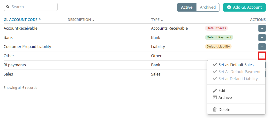 Use the actions drop-down menu to make changes to existing GL accounts