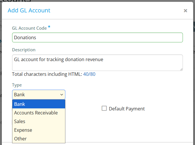 Enter the information and type for the new GL account