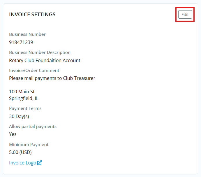 Click Edit in Invoice Settings