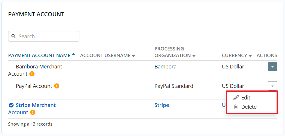 Click the drop-down arrow to edit or delete your payment accounts
