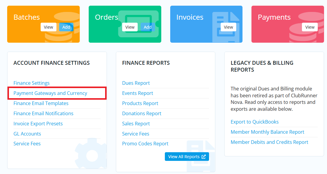 Scroll to bottom and click Payment Gateways and Currency