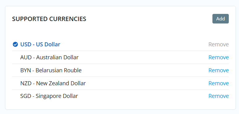 Click add or remove to adjust support currencies