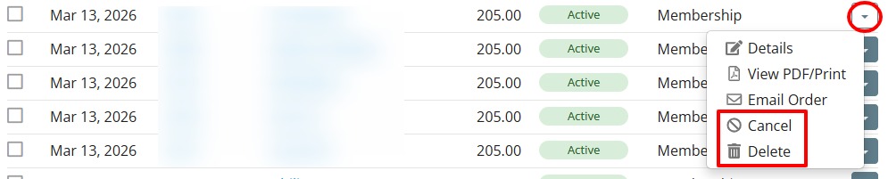 Cancel/delete order in list view
