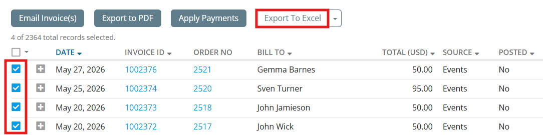 Toggle the checkboxes and click Export to Excel