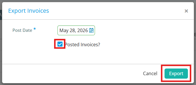 Click the toggle for Posted Invoices and then click Export