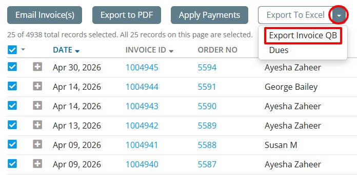 Select invoices to export