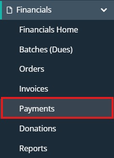 Financials Payments menu item