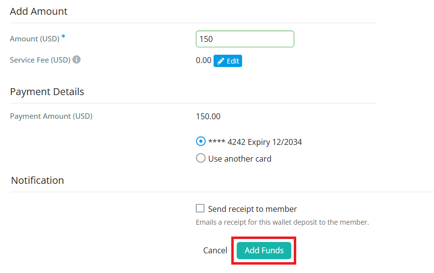Complete the payment information and click Add Funds
