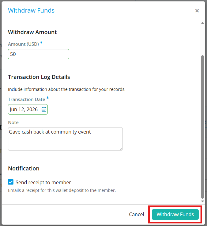 Enter the transaction details and click Withdraw Funds
