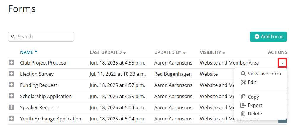 Click the drop-down arrow for form actions