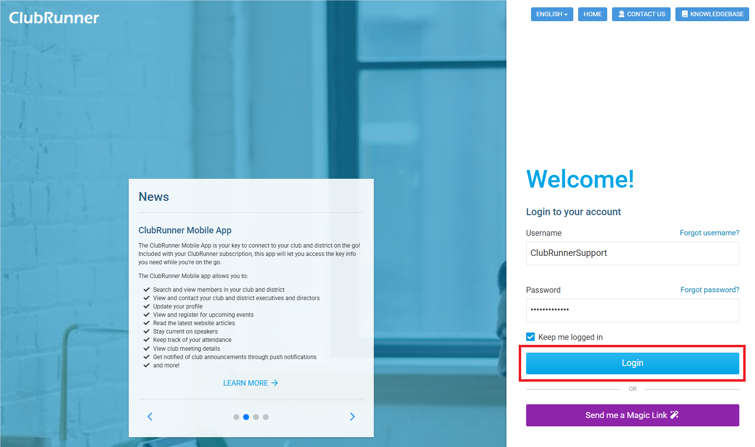 Enter credentials and click Login button