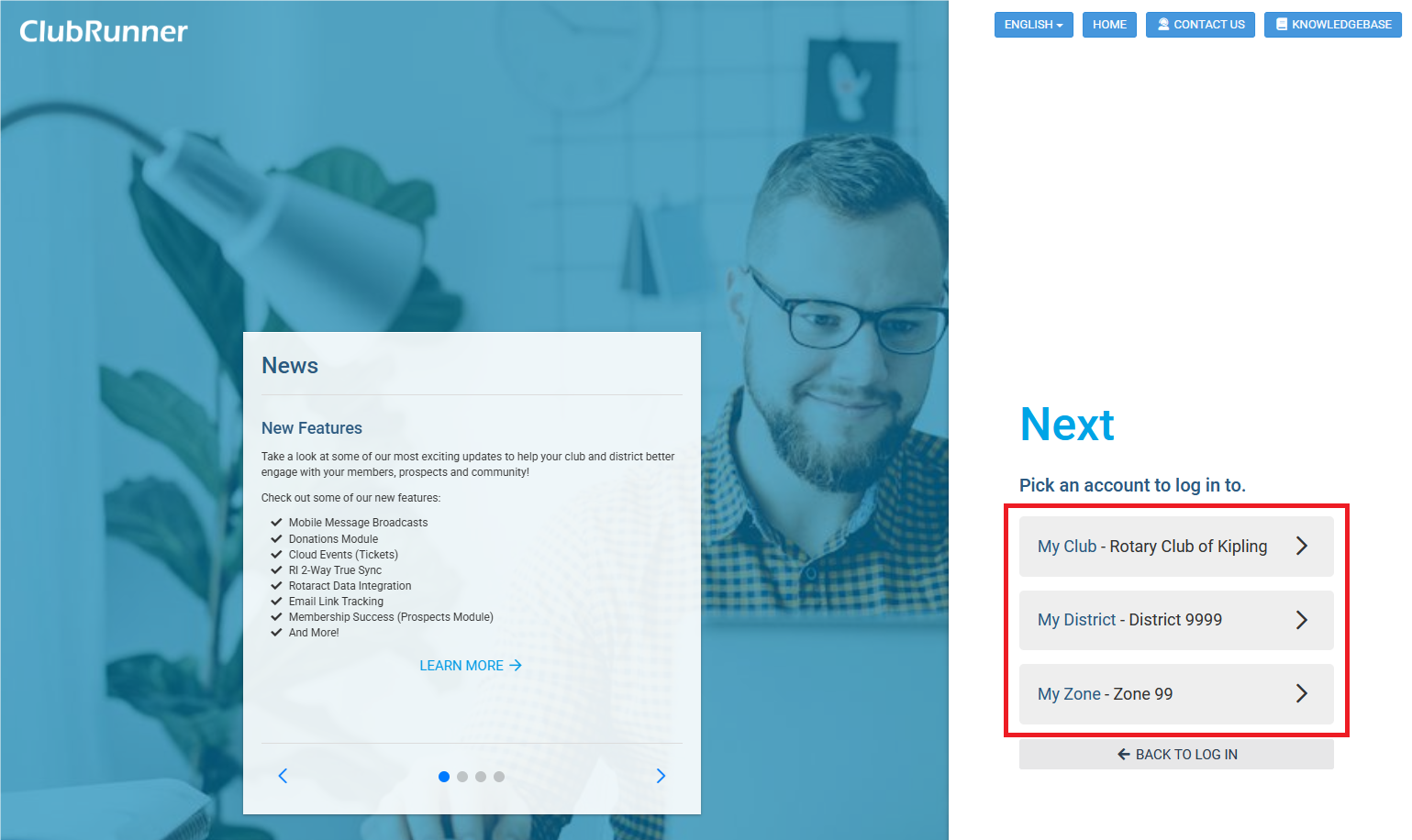 Select which account level you wish to log into