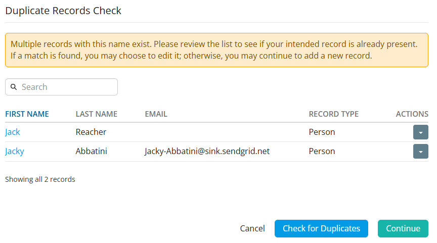 Add record duplicate name found