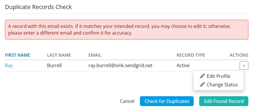 Add record duplicate emails found
