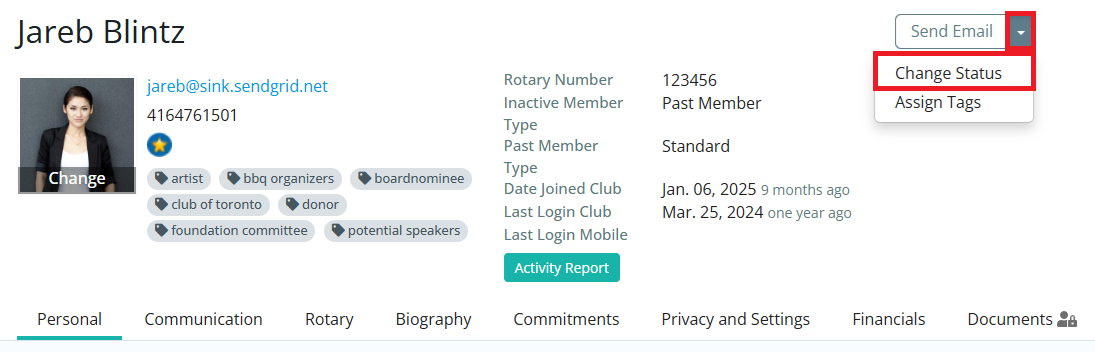 Click drop-down and then Change Status on member profile