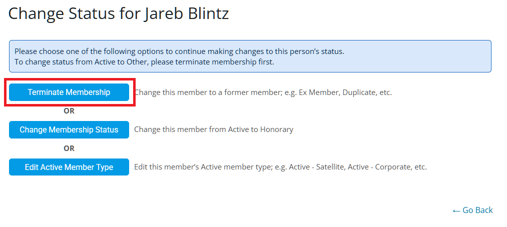 Click the Terminate Membership option