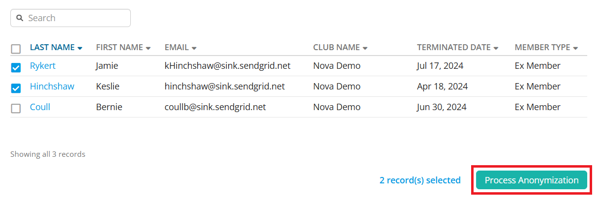 Process anonymization of selected records