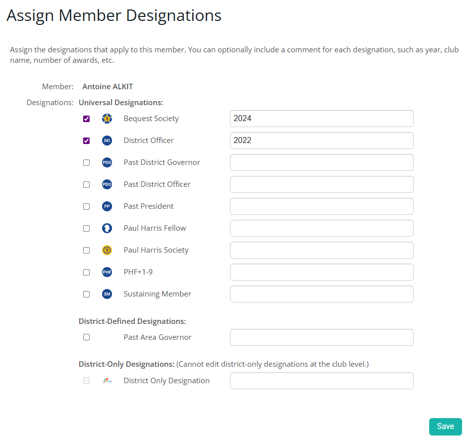 Assign designations to this member by checking the boxes