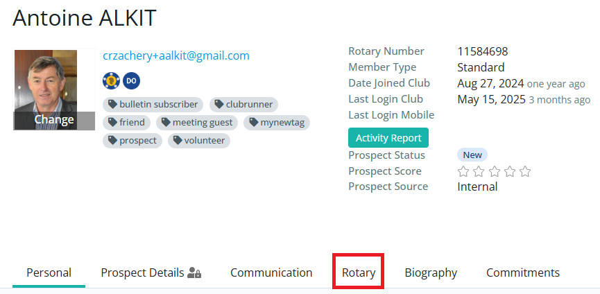 Click the Rotary tab in the member profile