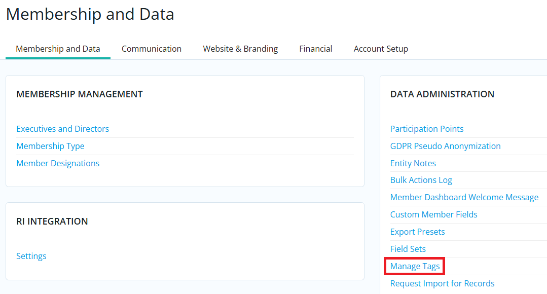 Click Manage Tags in the Data Administration section