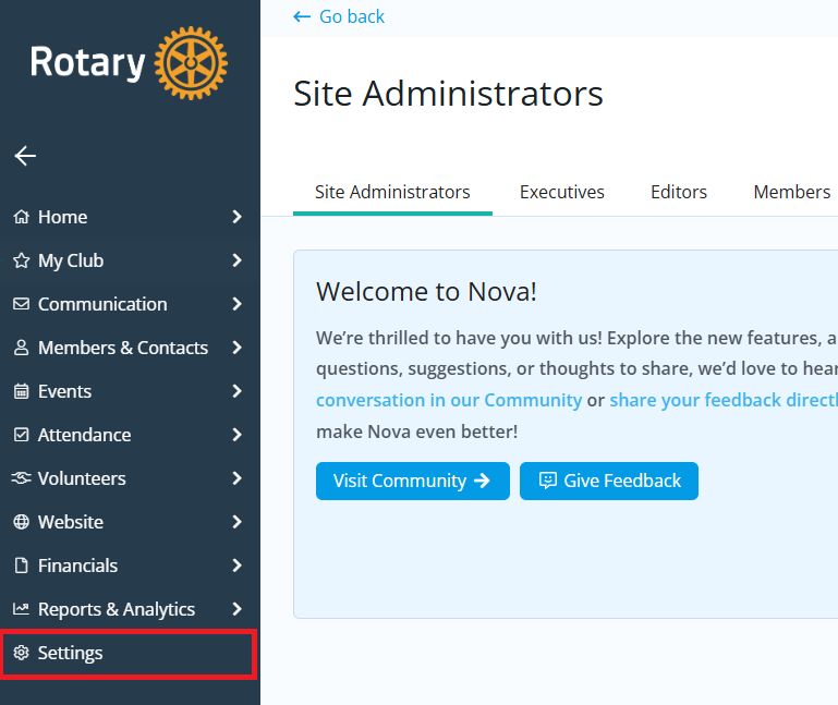 Click Settings in the left-hand menu navigation