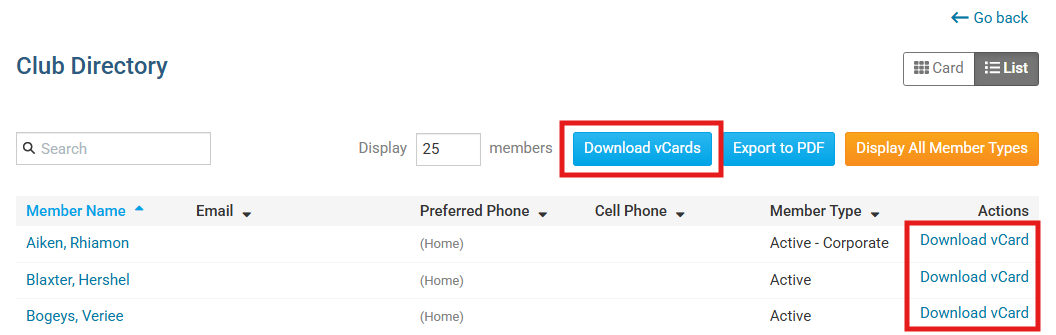 Click the Download vCard buttons for specific members or all members