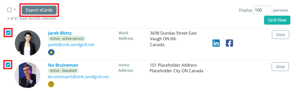 Click the checkboxes and then click Export vCards