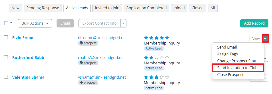 Click the drop-down arrow and then Send Invitation to Club