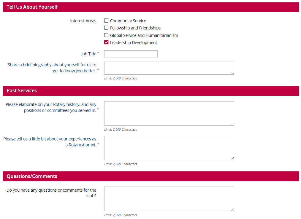 The new sections of the Tell Us More form