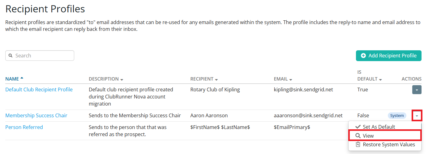 Click the drop-down arrow to the right-hand side of Membership Success Chair and then click View