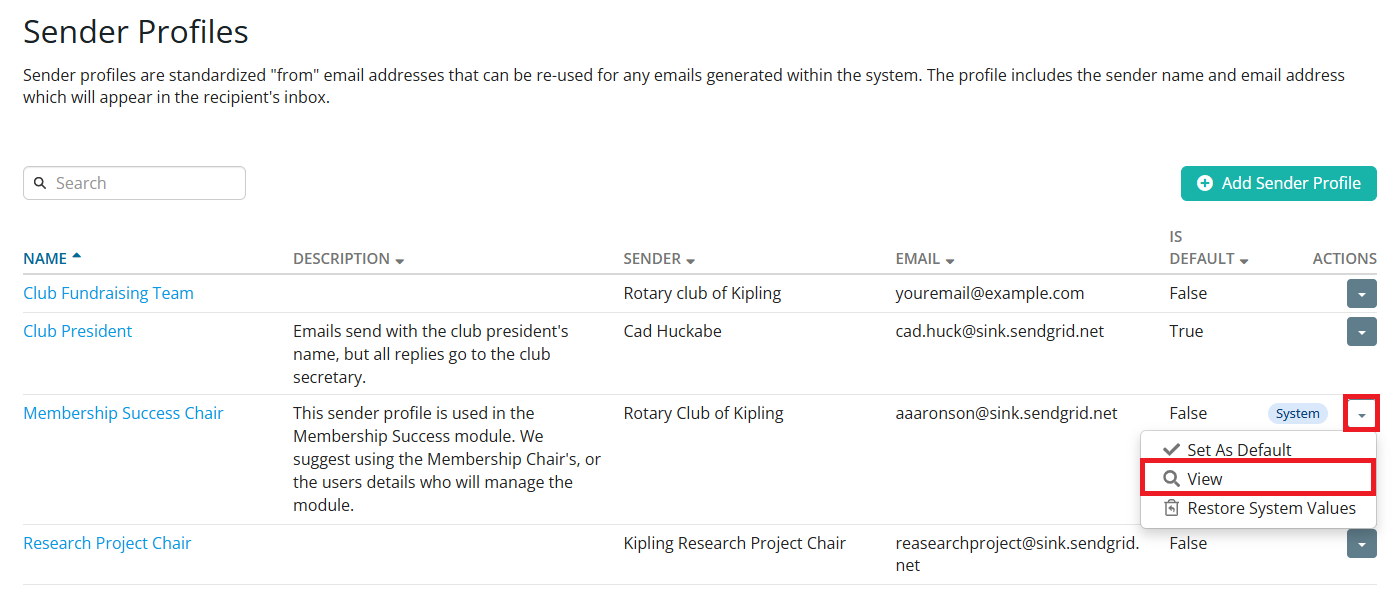 Click the drop-down arrow in the actions column and then View