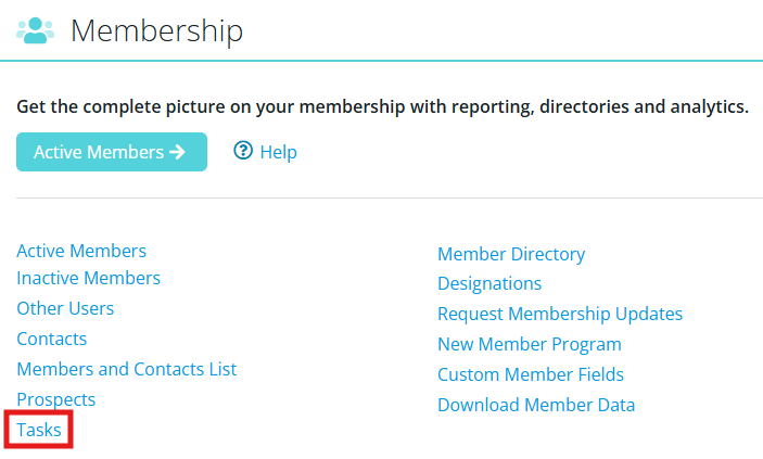 Click Tasks in the Membership dashboard