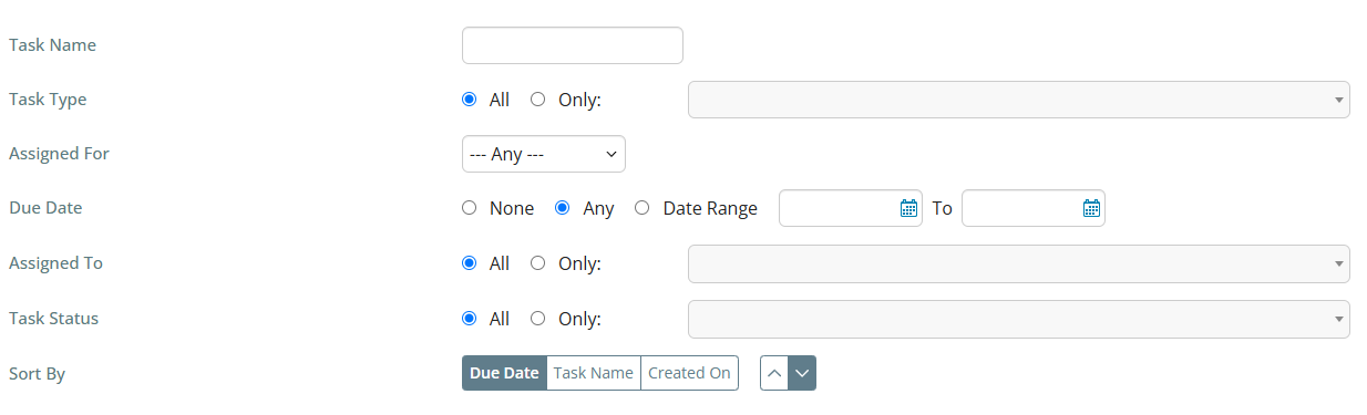 Use the filters to narrow the results of tasks displayed