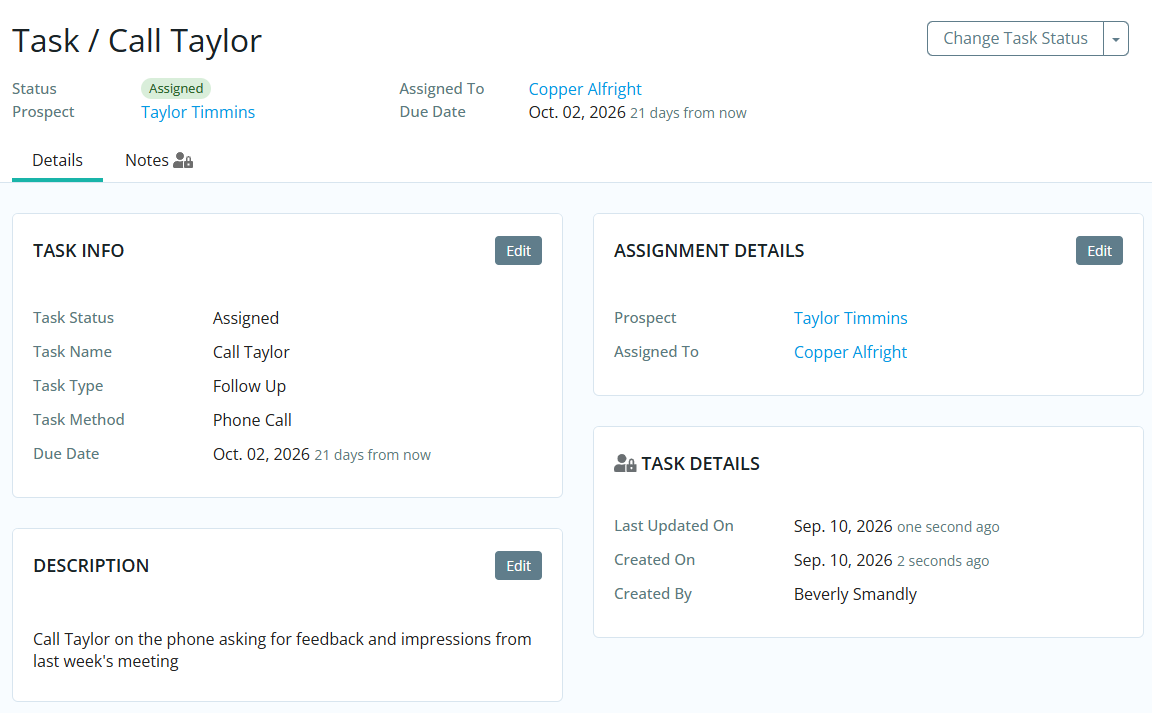 Click the Edit buttons to change information, or click Change Task Status