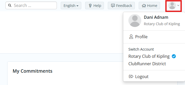 Click the profile icon in the top right-hand corner, then click the name of your club or district