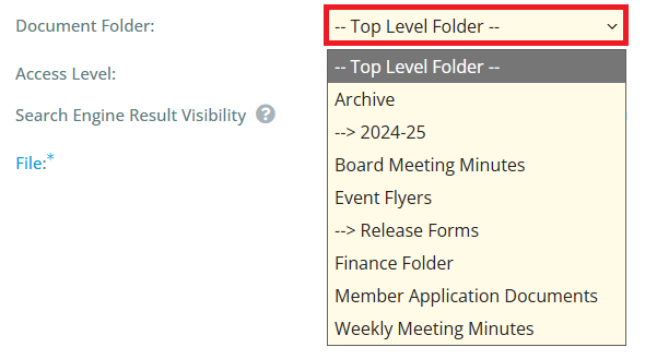 Select a folder to place the document or leave it at the top level