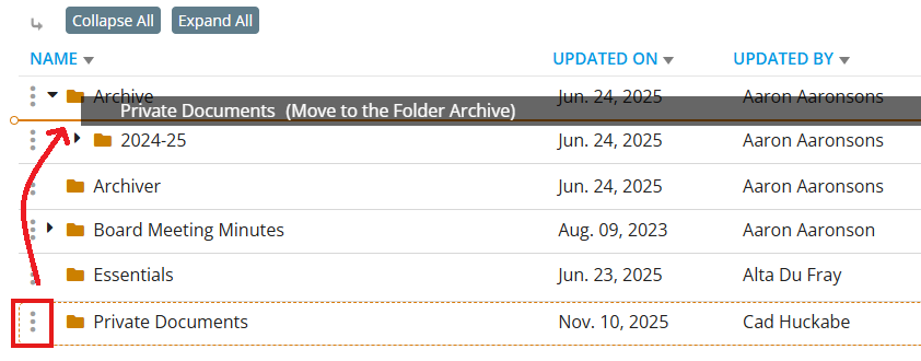 Click and drag on the three dots to move a folder to a new location