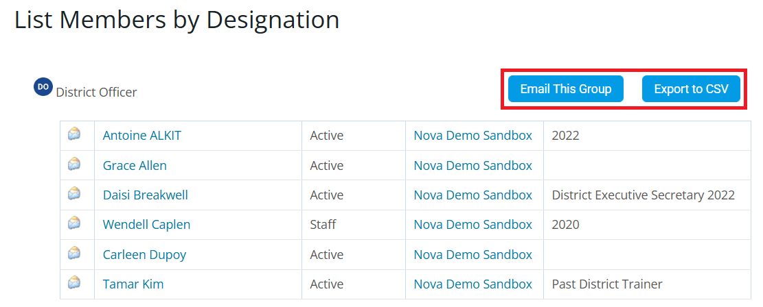 Click options to email or export the members by designation