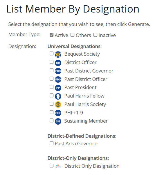 Click boxes next to account types and designations you wish to view