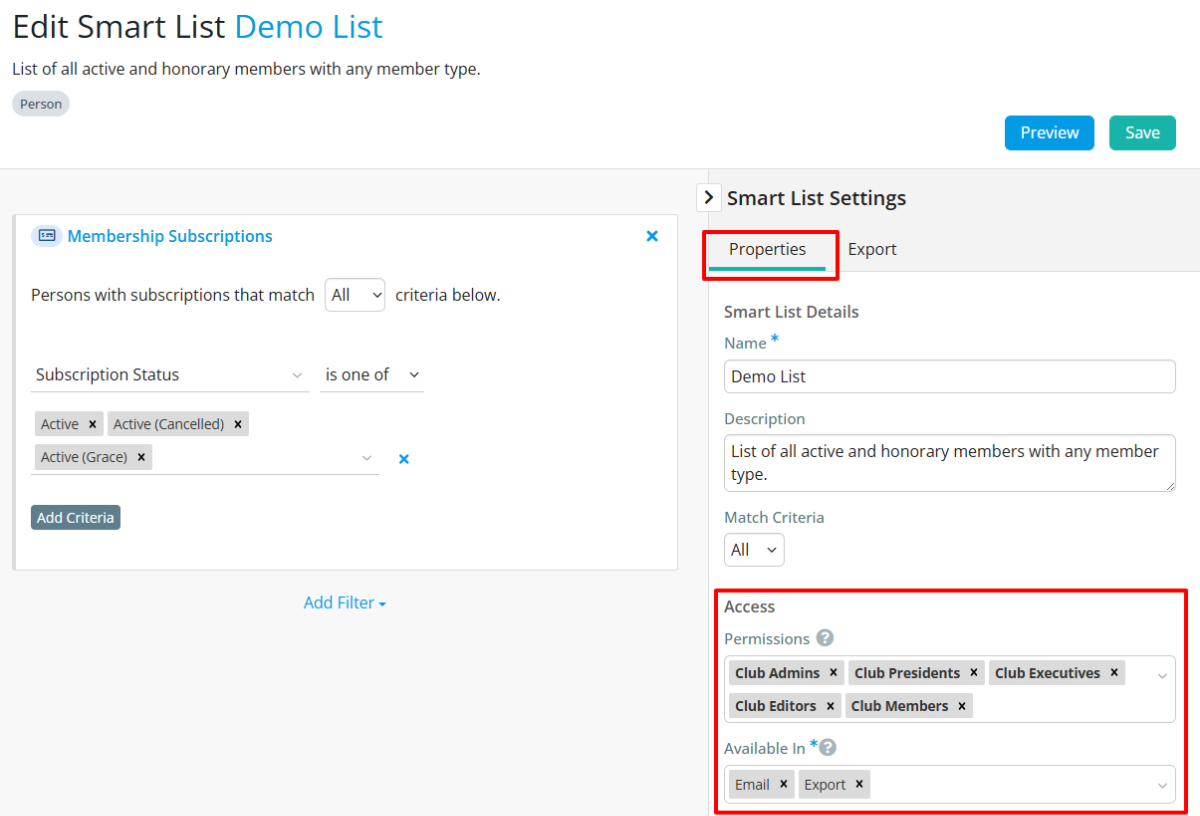 Edit smart list access settings