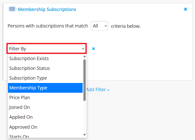 Membership Subscription filter options
