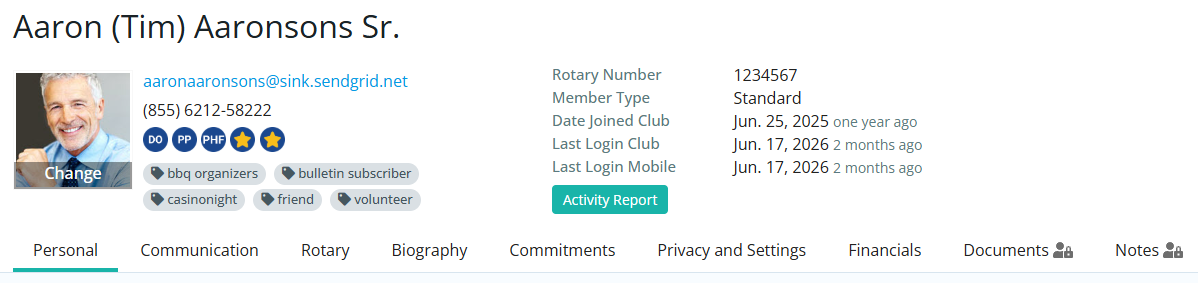 Different tabs in the member profile