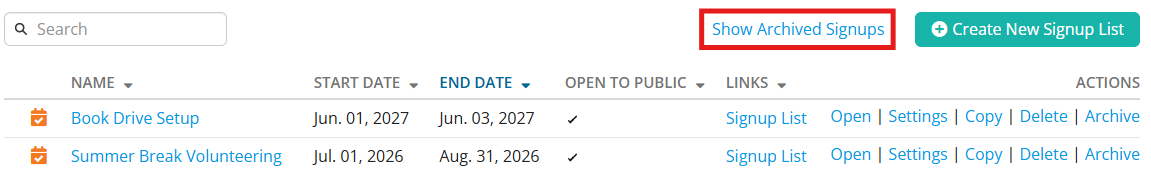 Click Show Archived Signups