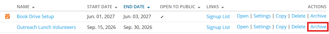 Click Archive in the right-hand actions column