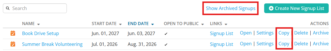 Locate the list you wish to copy and click Copy in the right-hand actions column