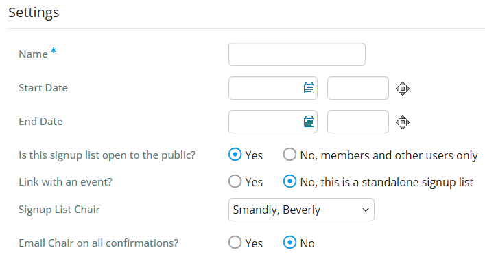 Fill in the appropriate details for the signup list