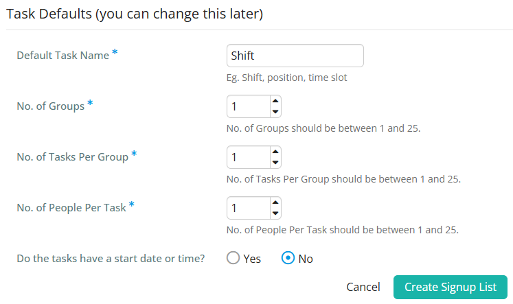 Enter the desired defaults for tasks