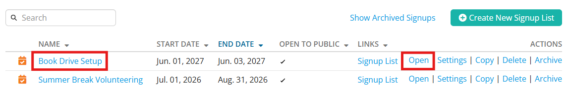 Click the name or Open to view the signup list