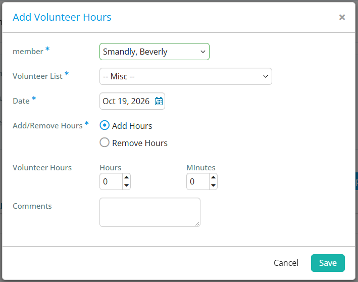 Enter the appropriate details about the volunteer hours and click Save