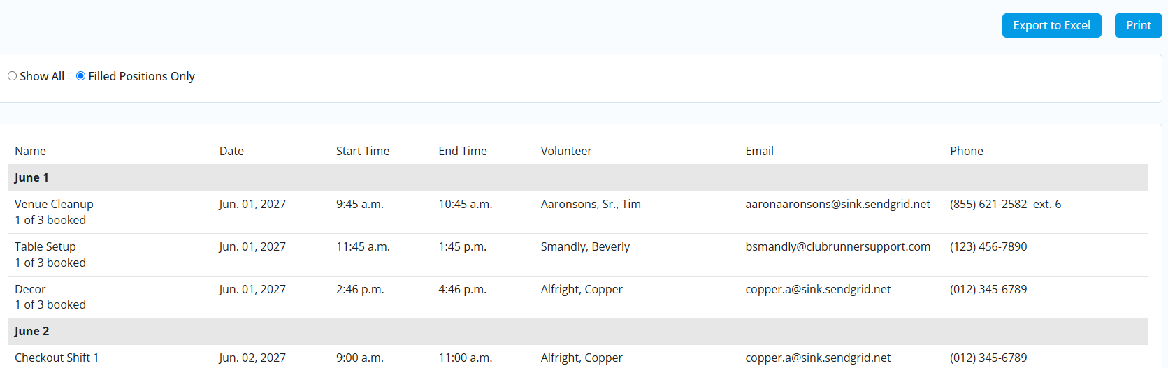 Click Export to Excel or Print to export the information